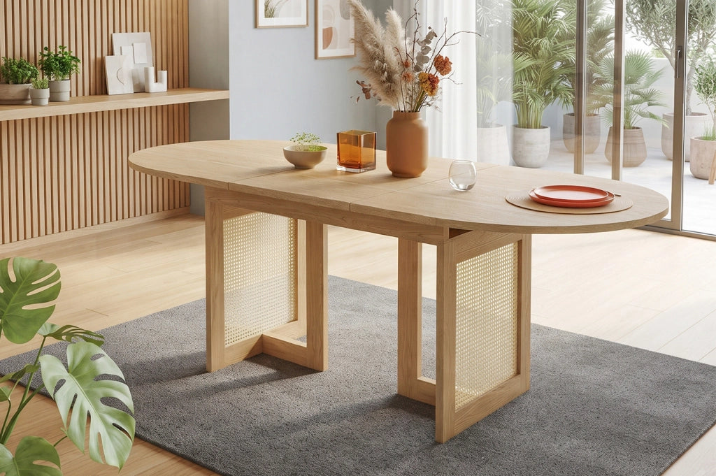 Tavolo da pranzo allungabile 120/160x80 cm con gambe in rattan color quercia, per 6-8 persone, con angoli arrotondati e piano spesso in MDF