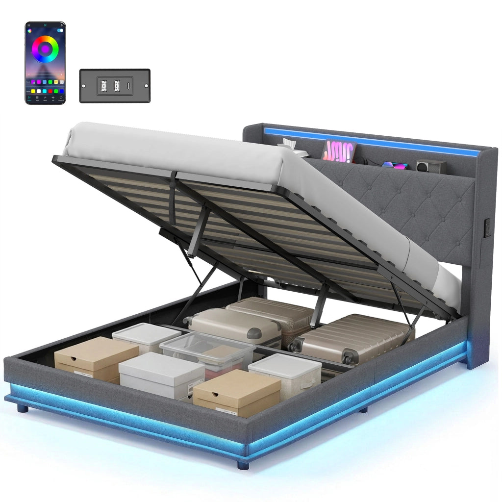 Letto contenitore matrimoniale imbottito 140x190 con LED e ricarica USB ¨C Xylo ¨C grigio tessuto