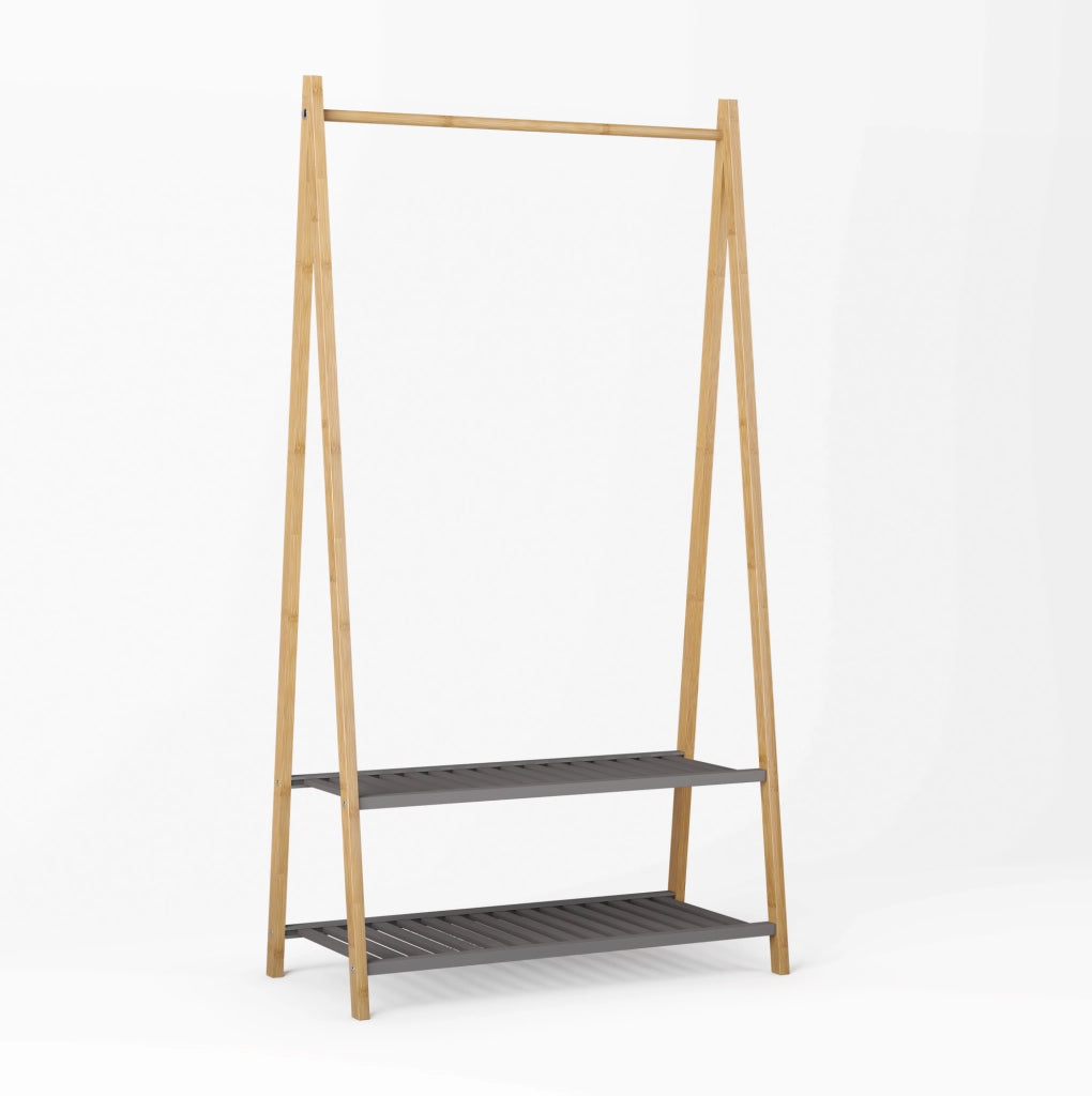 Appendiabiti in bamboo con 2 ripiani e barra per abiti, stand salvaspazio per ingresso e camera da letto