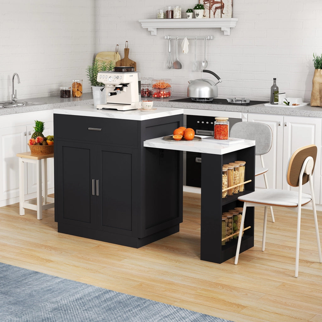 Mobile base da cucina con tavolo estraibile per 2–6 persone; prese USB; nero 211 × 55 × 89.5 cm