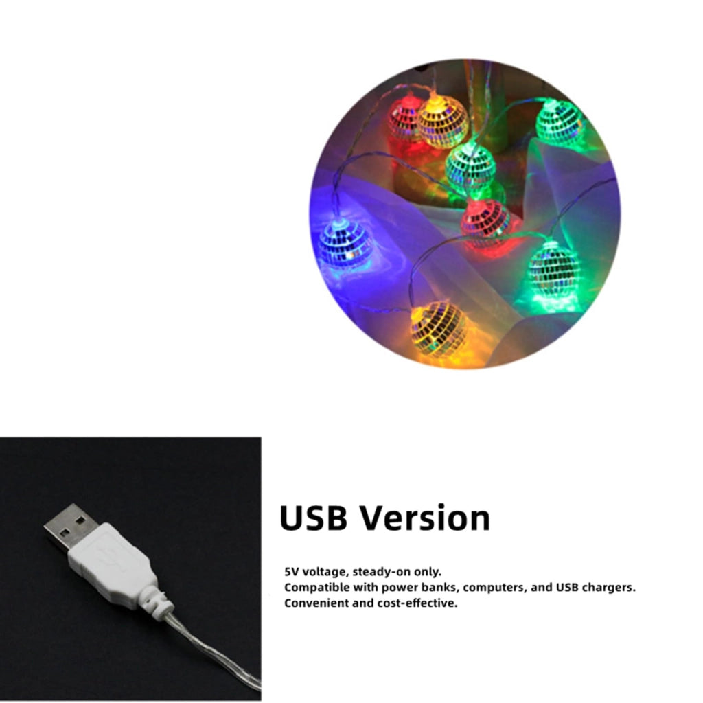 Catena luminosa a LED con palline specchiate, lunghezza 3 metri, 20 LED, alimentazione USB, multicolore