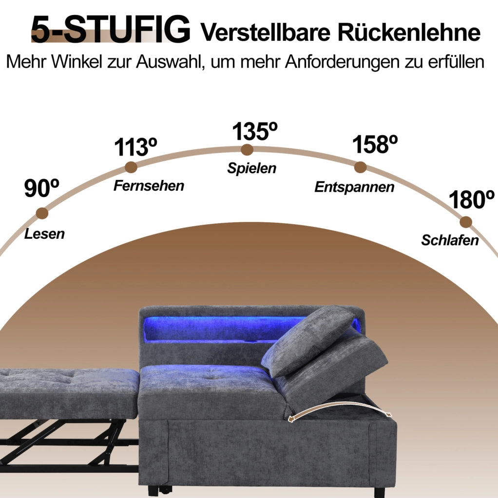Divano letto 3 in 1 grigio chiaro con LED e USB-C