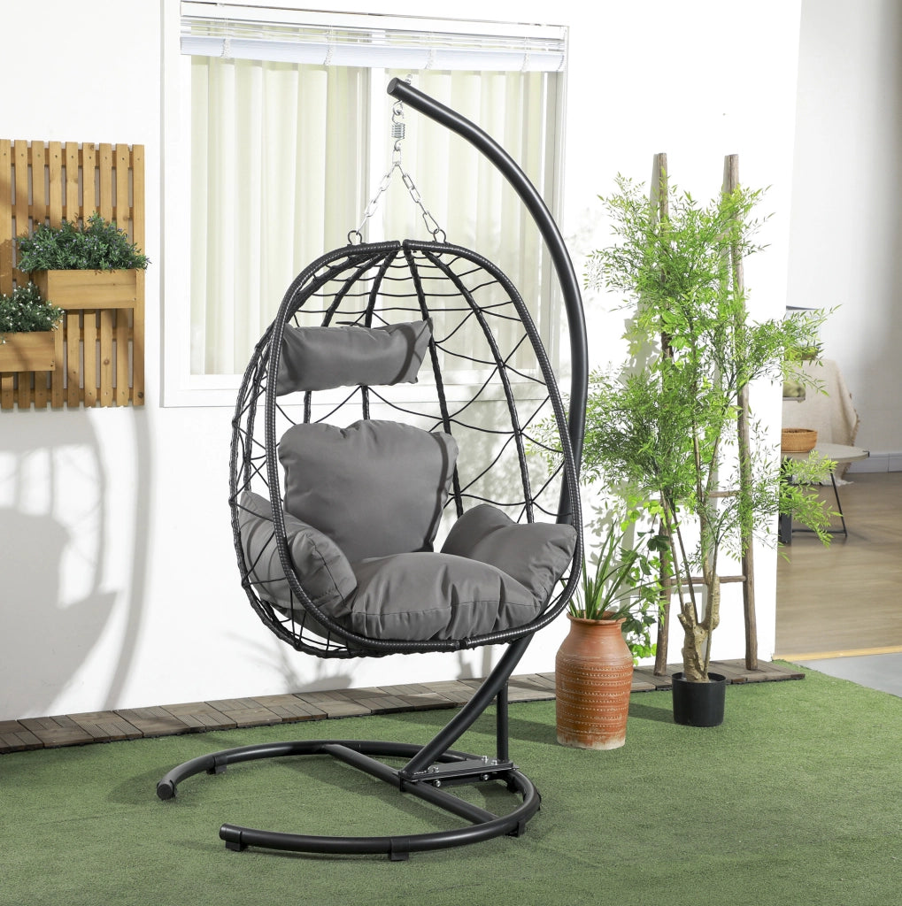 Poltrona sospesa in rattan con supporto e cuscini, nera
