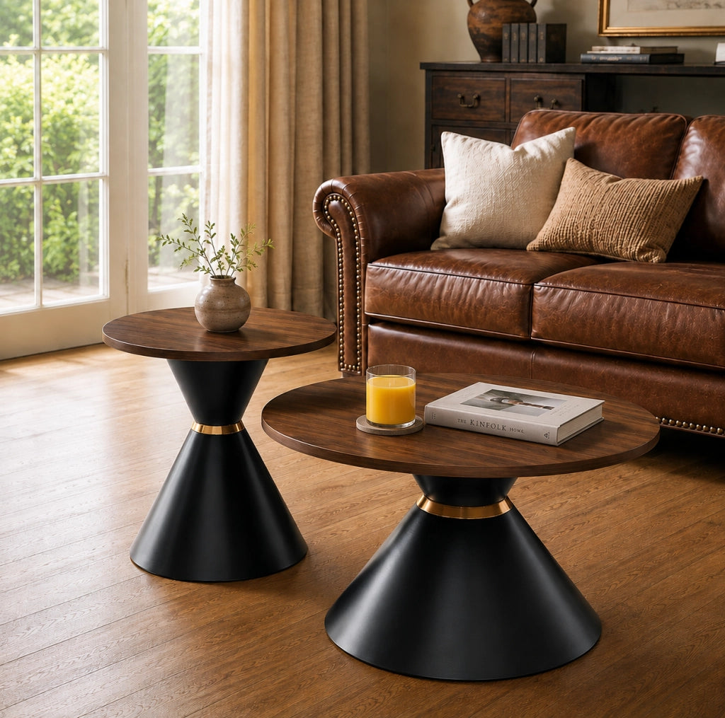 Set di 2 tavolini rotondi con piano in melamina effetto noce e base in metallo nero con dettagli dorati