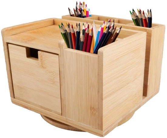 Organizzatore per Ufficio in Legno con Cassetti Rotante 18 x 18 x 13,5 cm Organizzatore per Pennarelli con Scatole per Ufficio, Scuola, Casa