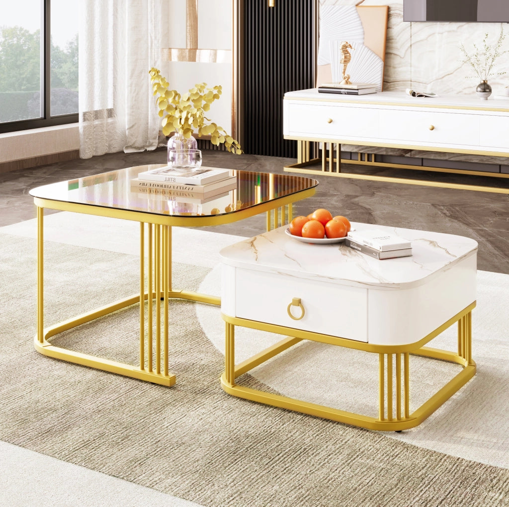 Set di 2 tavolini da salotto a incastro con cassetti in MDF bianco e oro