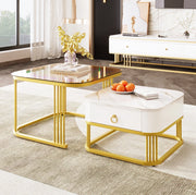 Set di 2 tavolini da salotto a incastro con cassetti in MDF bianco e oro