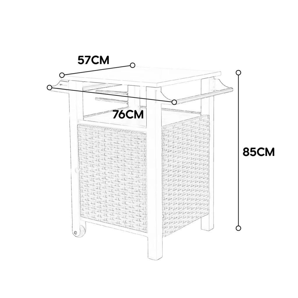 Carrello da cucina con ruote, anta, cassetto e ripiani, portabicchieri, per esterno, in acciaio e rattan, marrone