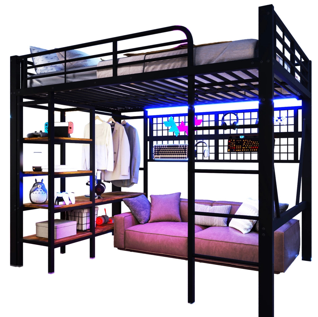 Letto a soppalco 140x200 cm in metallo nero con LED; ripiano e rete appendioggetti HOMVRA