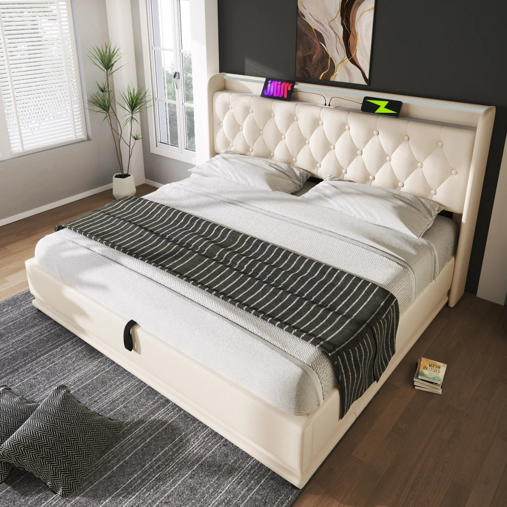Letto matrimoniale contenitore 140 ¡Á 200 cm in PU bianco con LED a 360 gradi testiera USB e Type-C rete a doghe