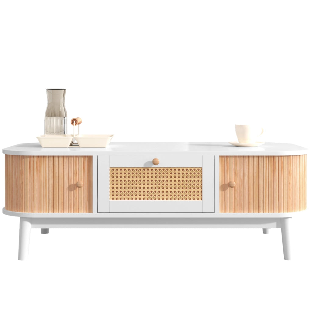 Tavolino da caffè in rattan e legno massello con cassetti e ante scorrevoli, 110x55x38,5 cm, stile naturale