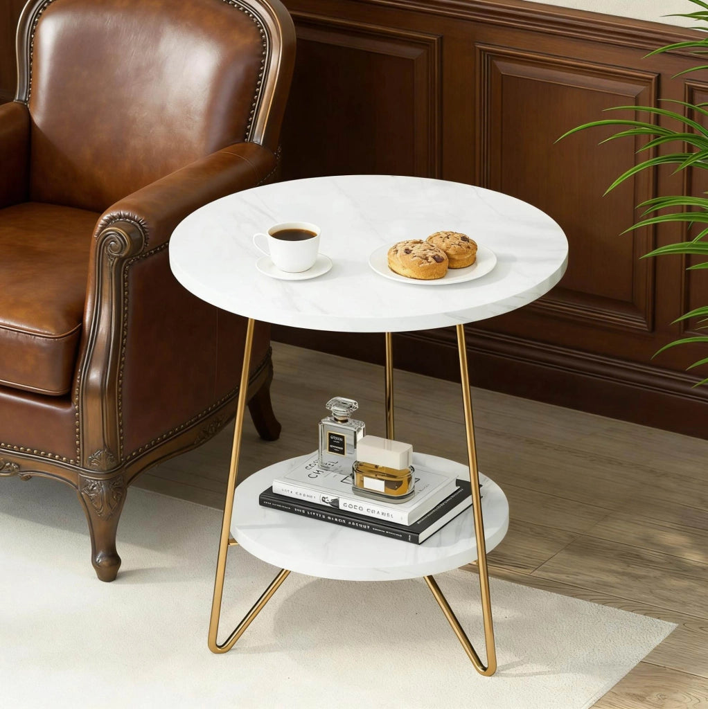Tavolino rotondo a 2 ripiani 47x47x55 cm effetto marmo bianco e metallo dorato HOMVRA