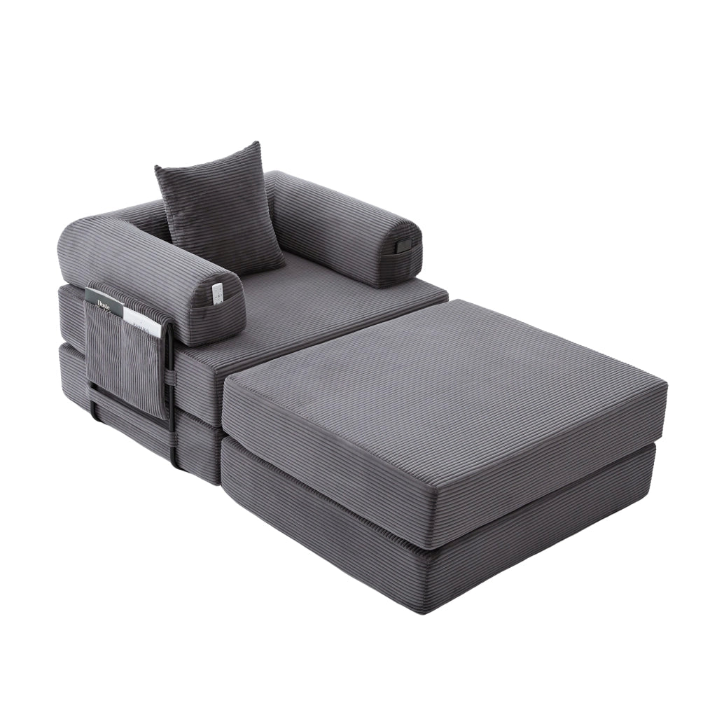 Poltrona con pouf modulare a compressione con tasca laterale e cuscino in velluto a coste grigio scuro