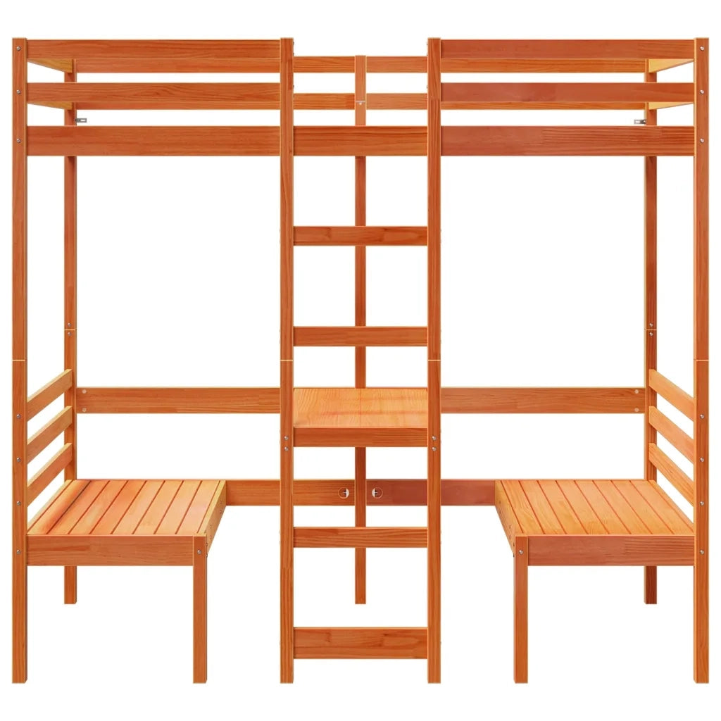 Letto singolo | Letto per adulti | Giroletto Soppalco Scrivania e Sedie Marrone Cera 75x190cm Pino