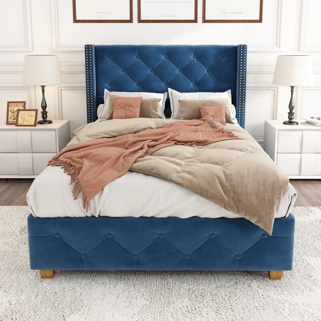 Letto per bambini imbottito 90x200 cm con rete a doghe; testiera capitonné e velluto blu