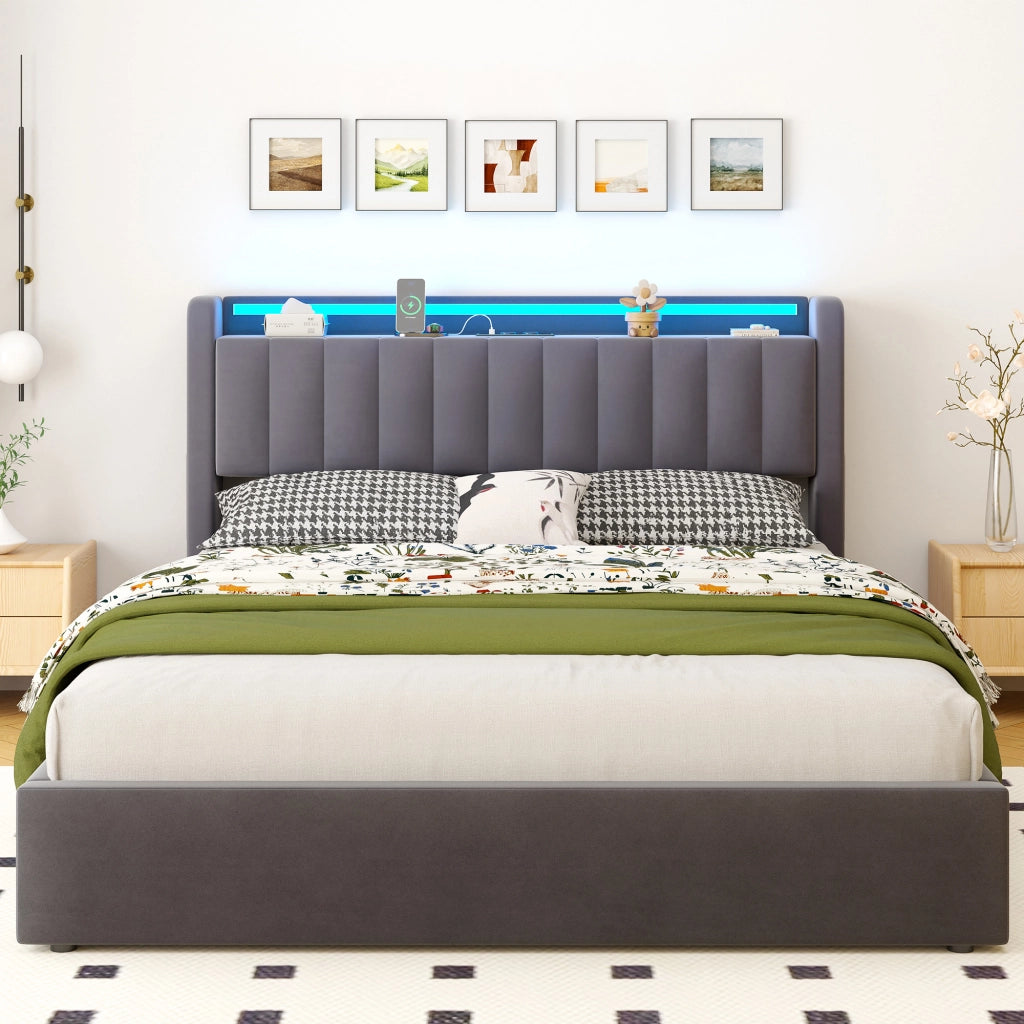 Letto contenitore 160x200; vano contenitore; illuminazione a LED; bordi arrotondati; letto per bambini; grigio; senza materasso