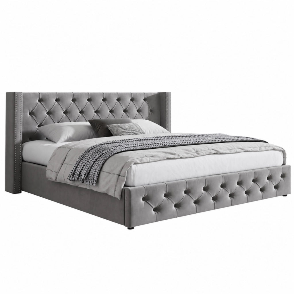 Letto matrimoniale contenitore 140 ¡Á 190 cm in velluto grigio con testiera capitonn¨¦ e rete a doghe