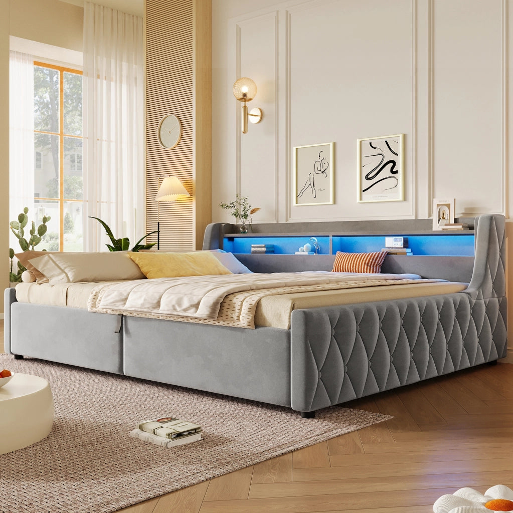 Letto imbottito 140 x 200 cm con vano contenitore e testiera LED; grigio