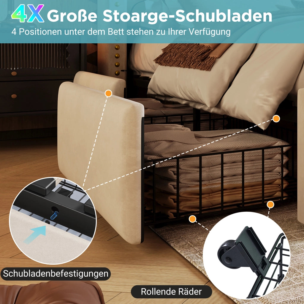 Letto imbottito matrimoniale 160x200 cm con 4 cassetti, LED e ricarica USB C, contenitore, rete a doghe, velluto beige, senza materasso