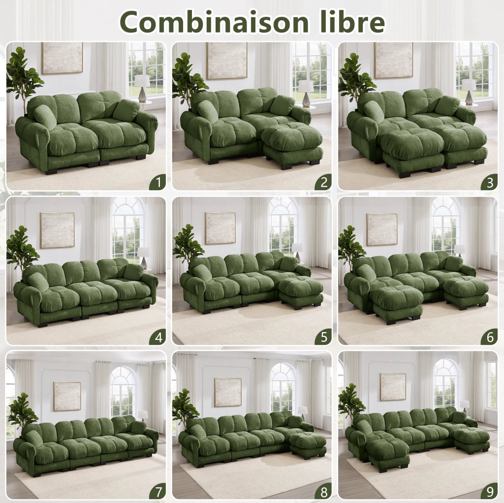 Divano angolare a 3 posti in chenille verde con ottomana mobile e cuscini decorativi