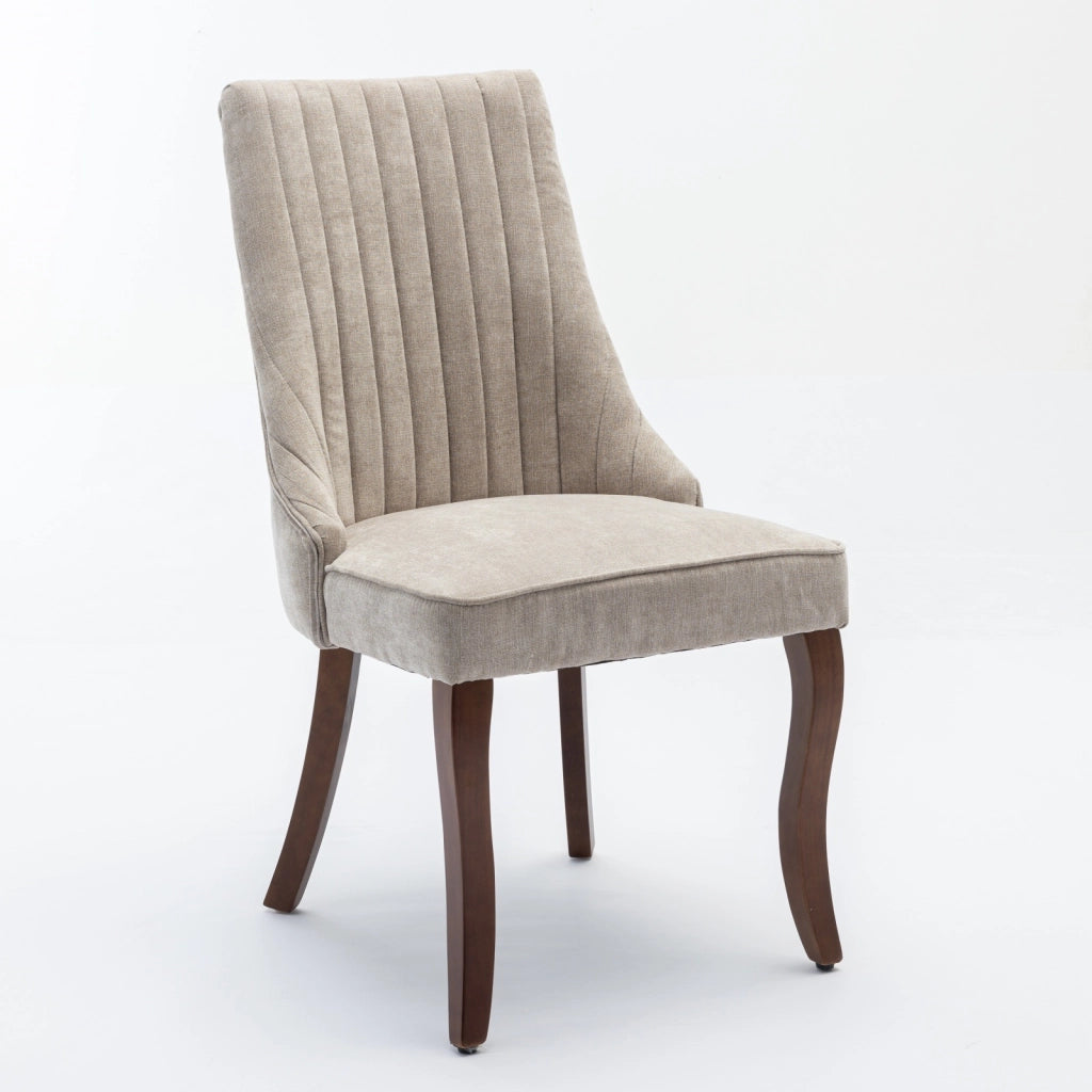 Sedia da sala da pranzo imbottita in ciniglia con schienale alto, gambe in legno massello e piedini regolabili beige