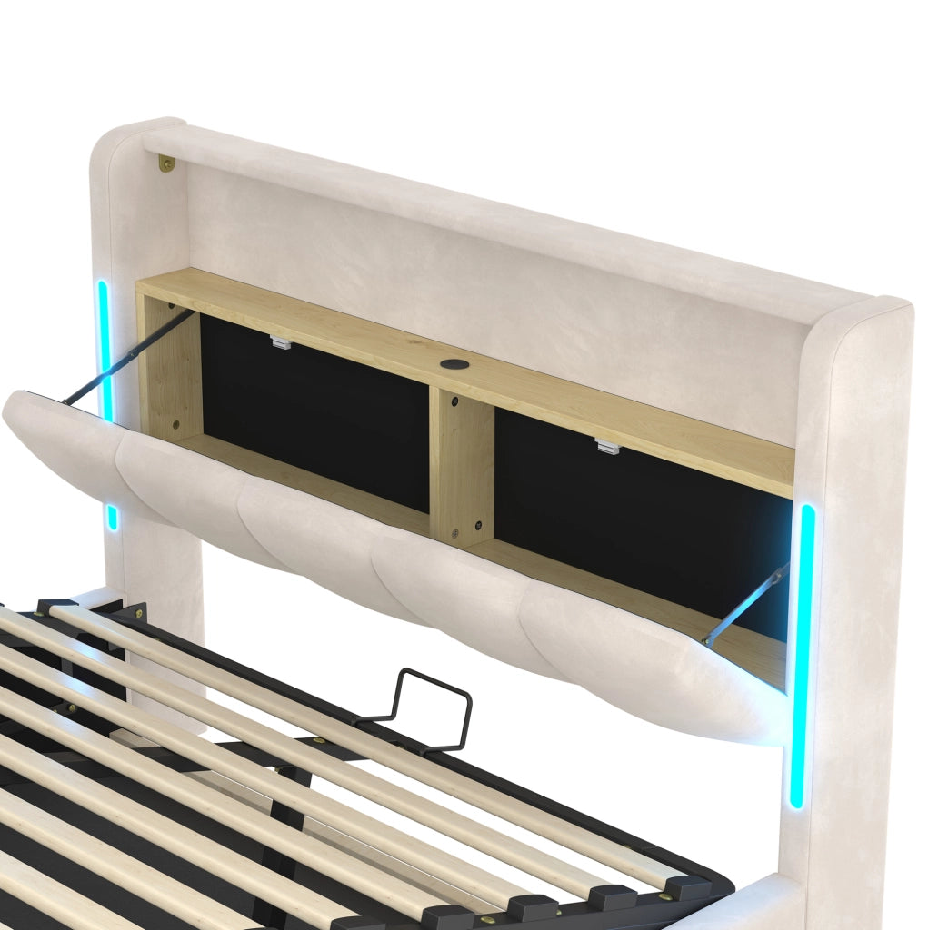 Letto imbottito 140x200 cm con contenitore; LED; USB e Type-C; velluto beige