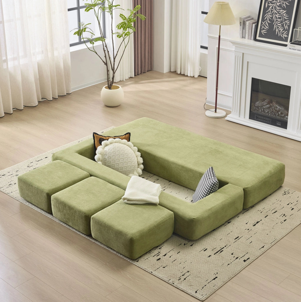 Divano letto modulare in ciniglia verde 201x75,5x50 cm salvaspazio