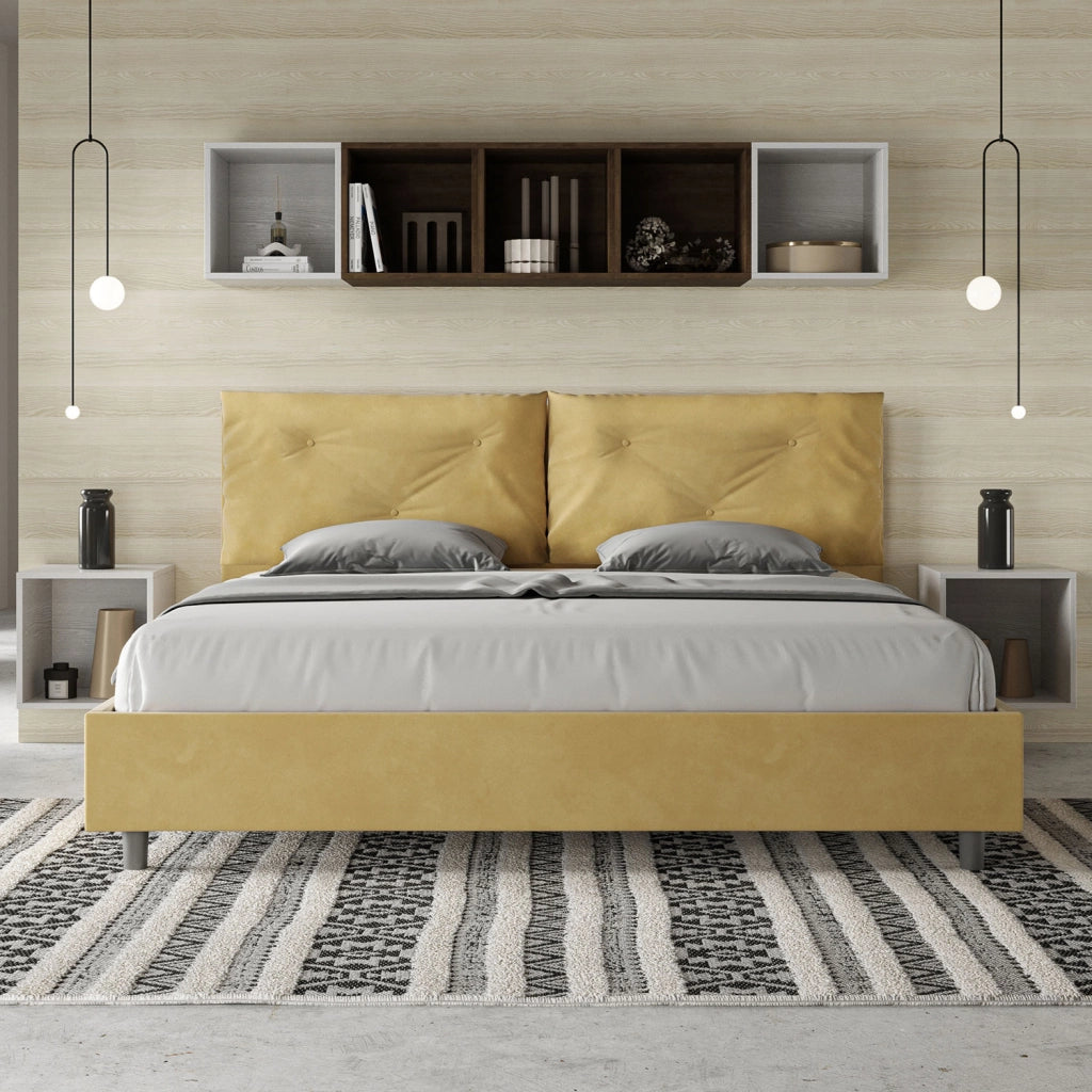 BS COM Letto matrimoniale king size contenitore imbottito 200x200 microfibra ocra