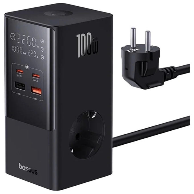 Baseus E00023609113-00 Multipresa PowerCombo Tower 100W 2 Prese AC 2 USB-C 2 USB-A Nero
