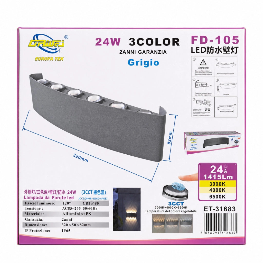 APPLIQUE LED 24W GRIGIA IP65 LAMPADA PARETE ESTERNO 3000K 4000K 6000K ET-31683
