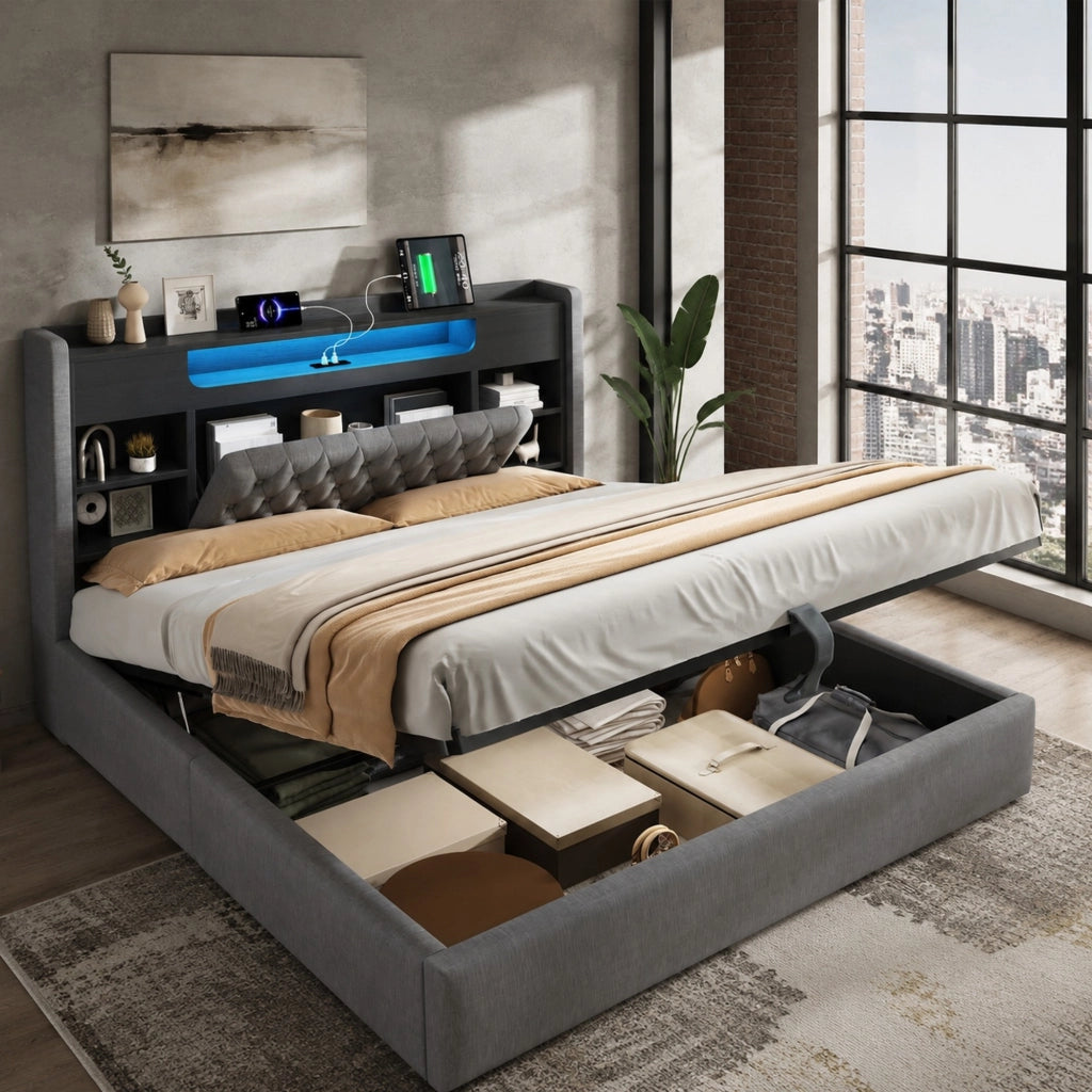 Letto matrimoniale contenitore 180 × 200 cm con LED USB e USB-C in lino grigio con testiera a ripiani