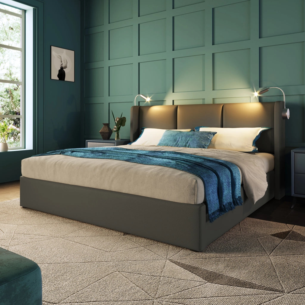 Letto matrimoniale contenitore 160x200 con luce di lettura e USB; letto imbottito in ecopelle grigia