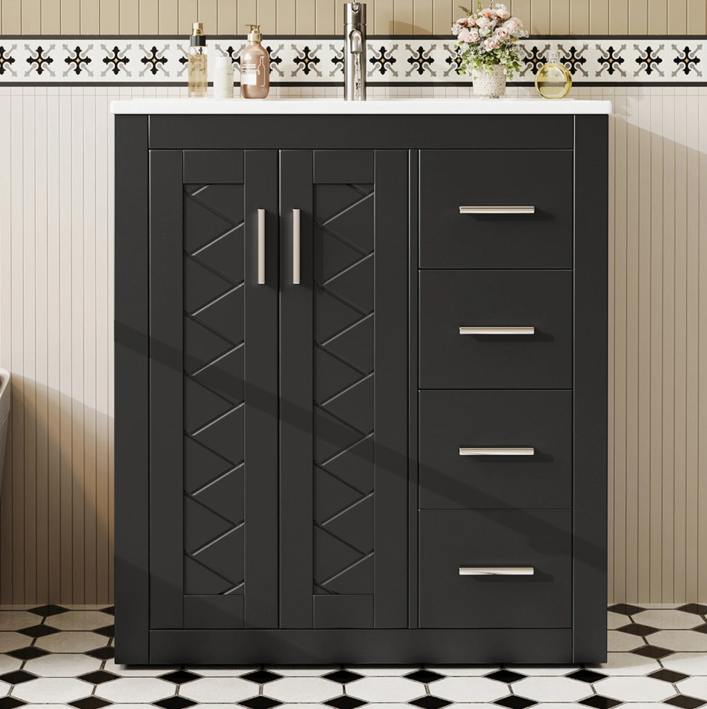 Mobile bagno freestanding 76x46;5x85;5 cm con lavabo in ceramica; 3 cassetti e 2 ante nero HOMVRA