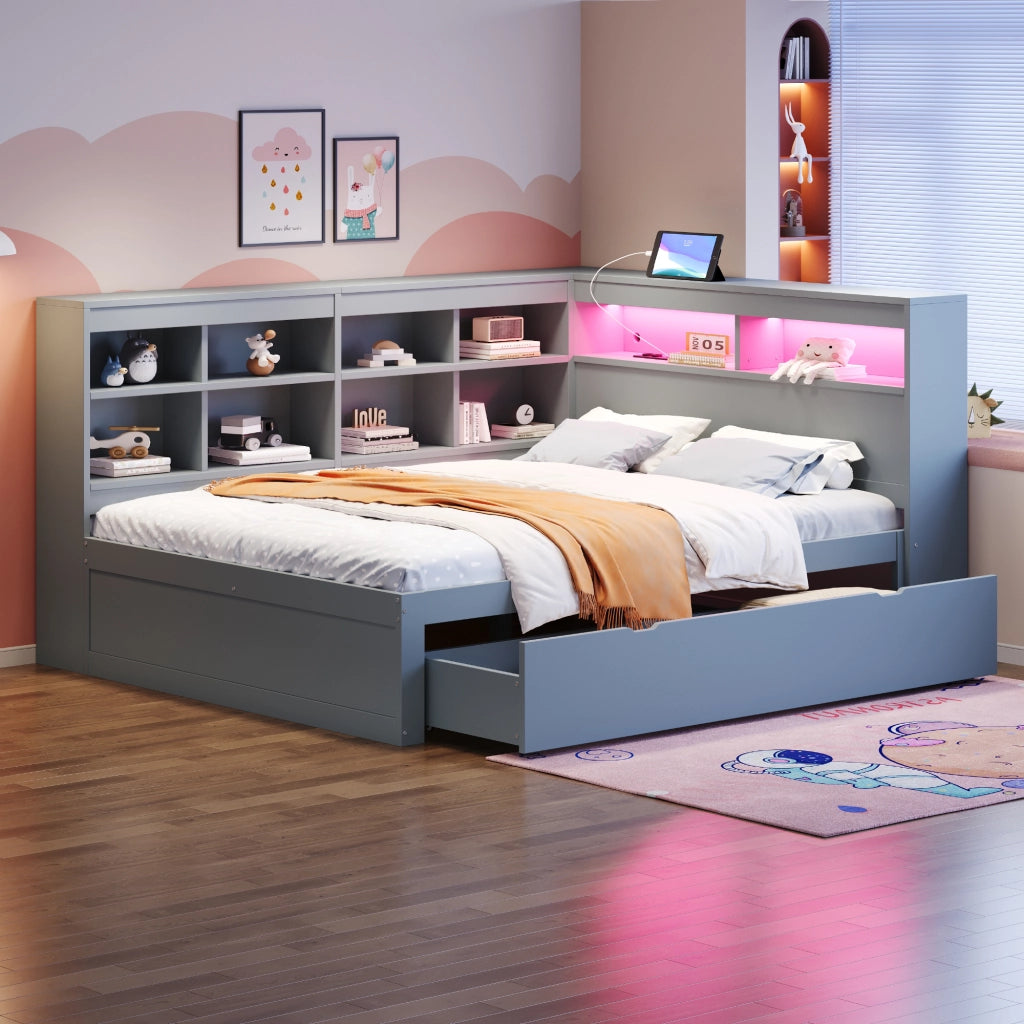 Letto matrimoniale 140 × 200 cm con cassetti LED cangianti e presa USB in legno grigio con vani laterali