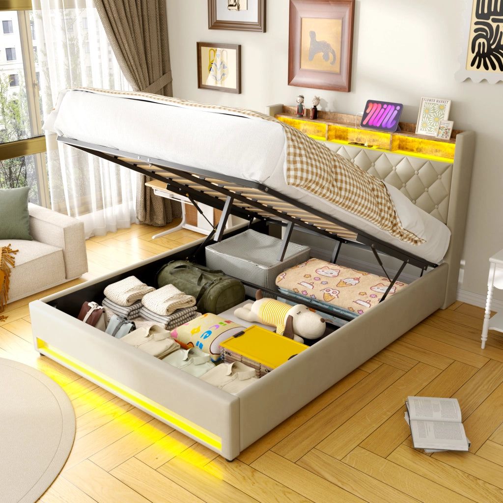 Letto contenitore imbottito 160x200 cm con luce LED; presa elettrica e porta USB; velluto; beige; senza materasso