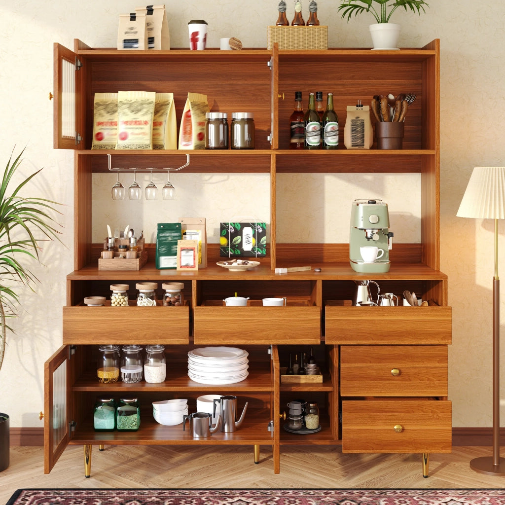 Vetrina alta ristorante 145x39x171 cm, design moderno con porta vetro Changhong, ripiano bicchieri vino, ampio spazio contenitivo, struttura legno e decori oro
