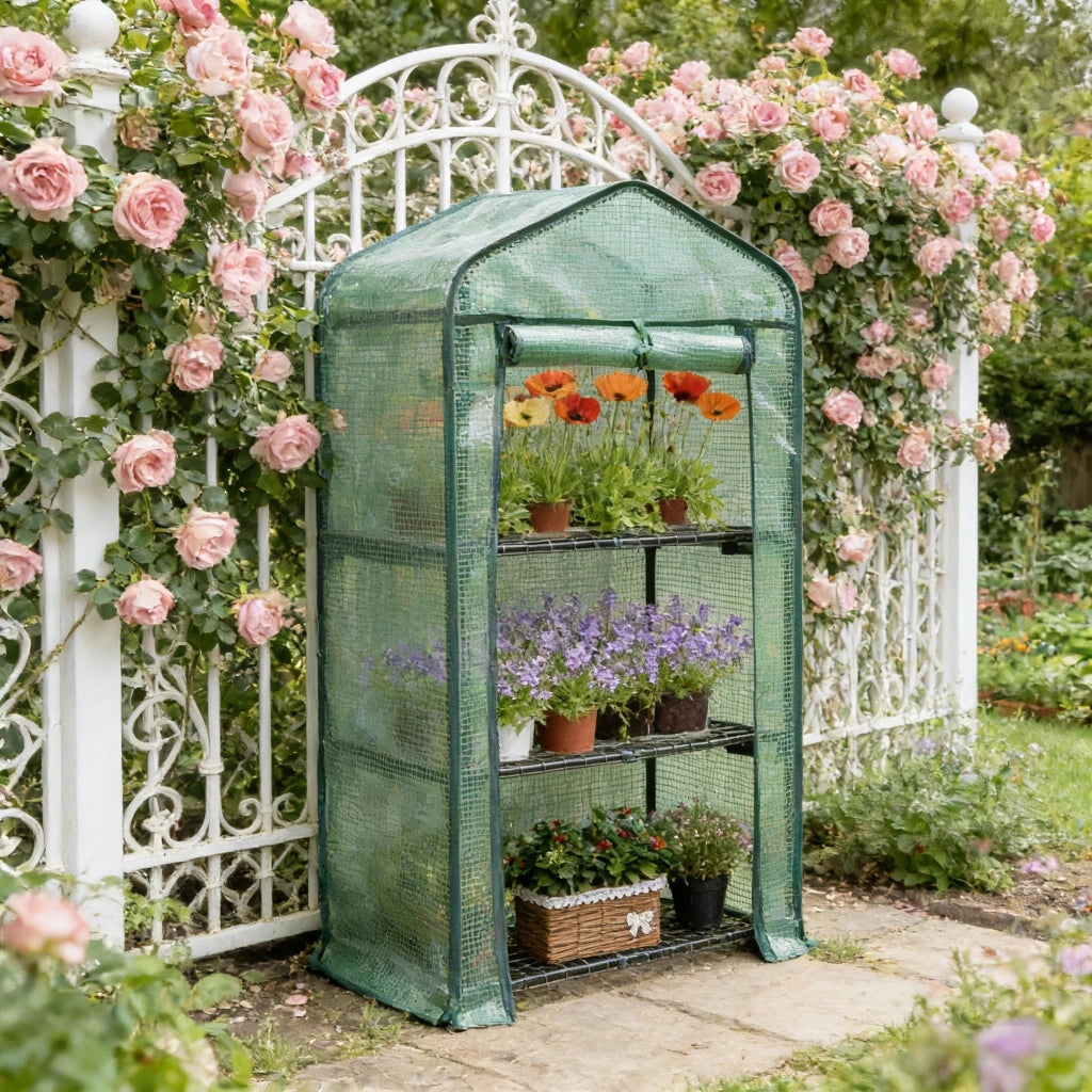 Serra da giardino a 3 ripiani con copertura in PE e porta avvolgibile verde 69 × 49 × 125 cm per balcone e terrazza