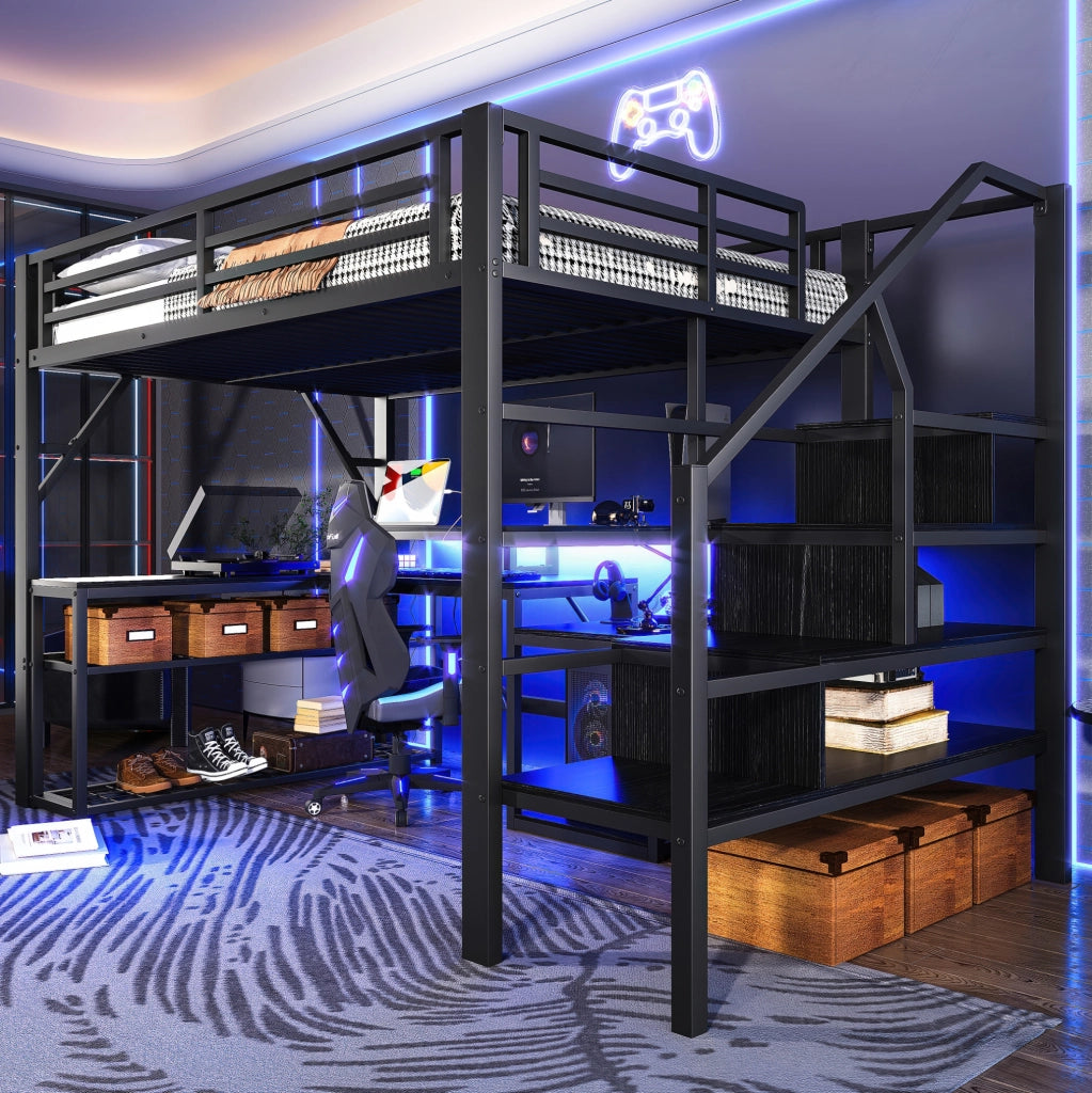 Letto a soppalco 140x200 cm con struttura in ferro, scrivania, LED integrato e prese USB, colore nero