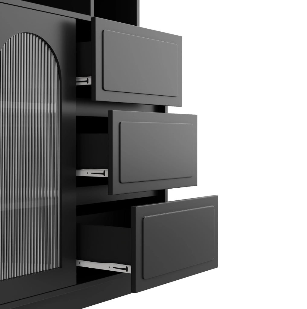 Credenza alta nera con LED app, ante acriliche e 3 cassetti