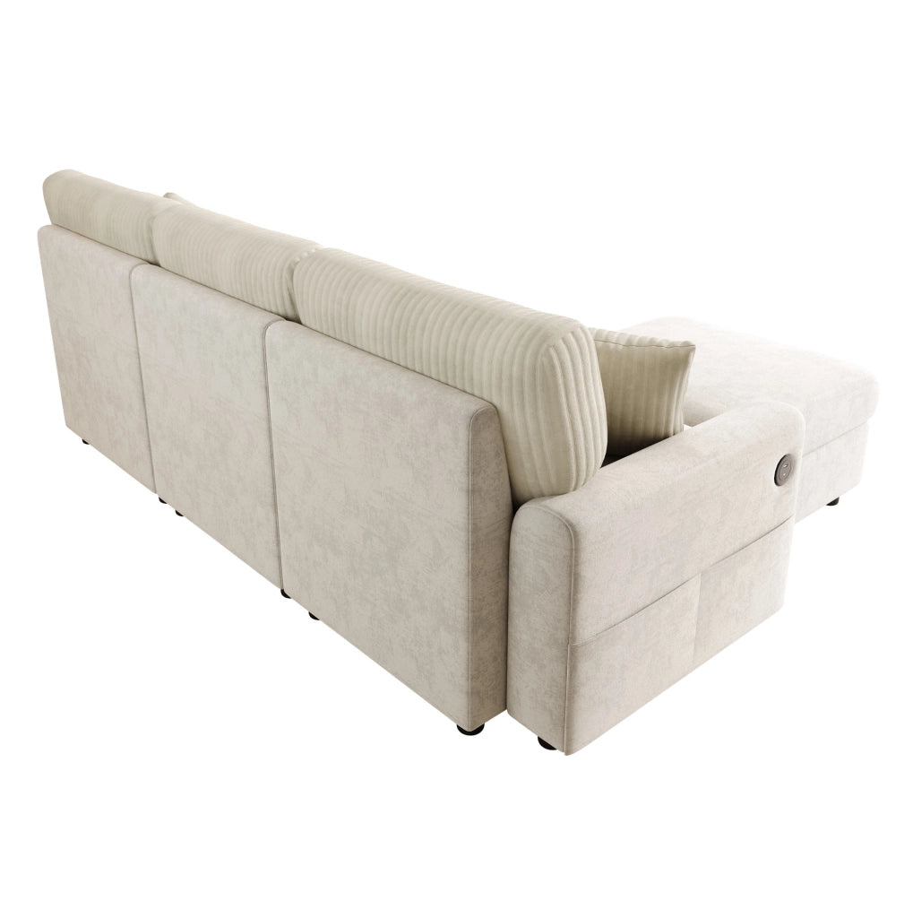 Sofa moderno beige con pouf; 2 cuscini; porta USB e Type-C; 223x146x84 cm