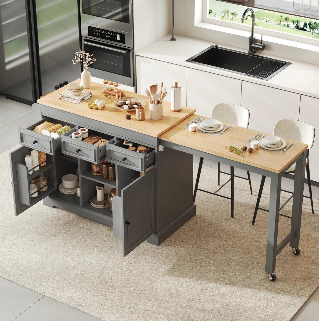 Isola cucina con ruote 188x45x92 cm in MDF grigio con piano estensibile