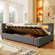 Daybett 90x200 cm in Leinen und MDF mit LED-Lichtleiste, hydraulischem Stauraum, USB + Type-C, Grau