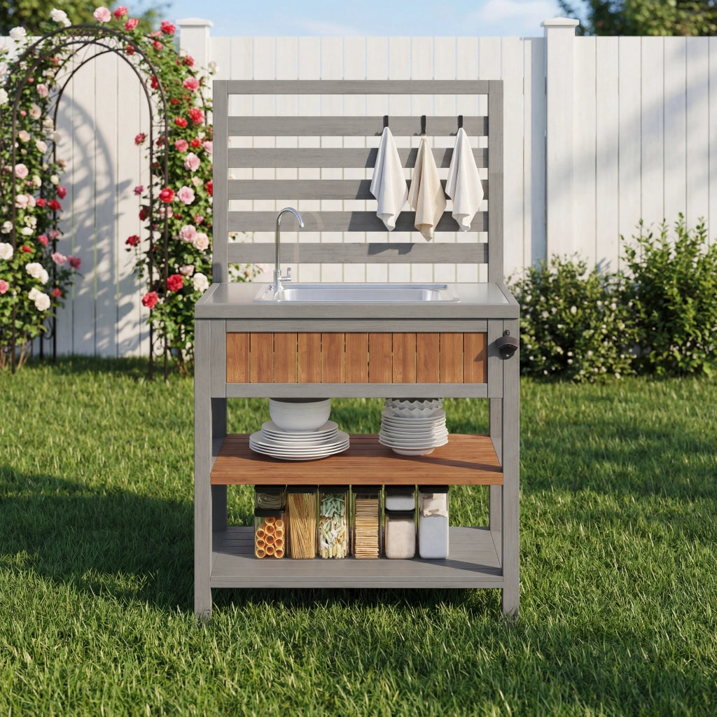 Mobile da esterno multifunzione con lavello a secco e rubinetto; 80 x 51 x 148;5 cm; legno naturale