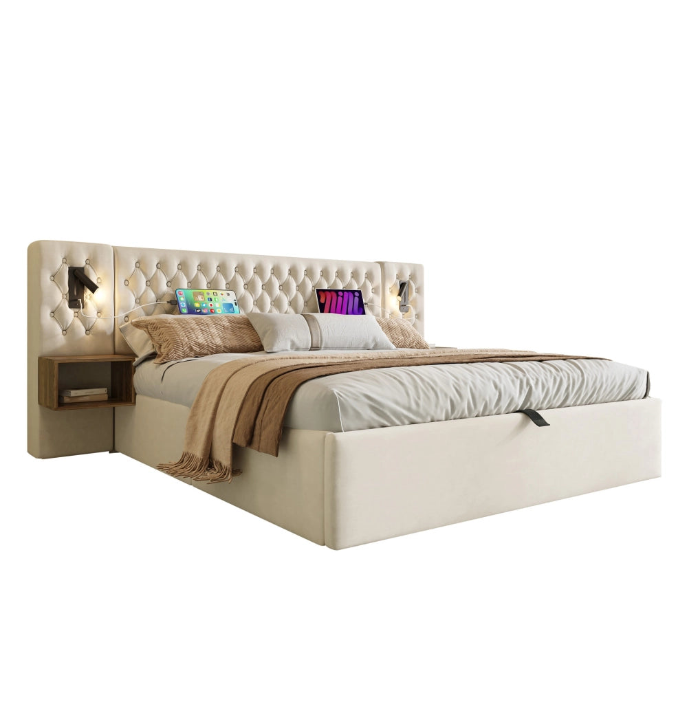 Letto contenitore 160 x 200 cm con comodini, luci e ricarica