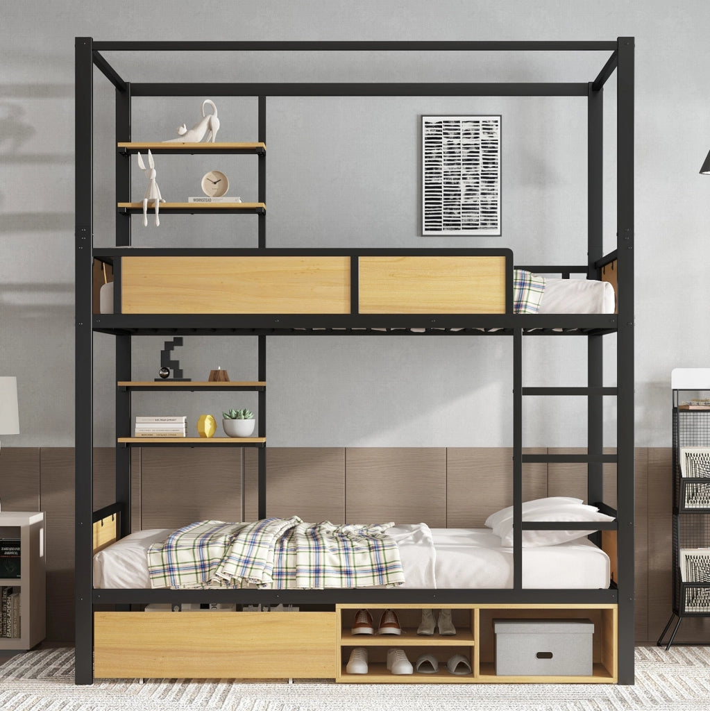 Letto a castello 90x200 cm con cassetti e ripiani laterali in metallo e MDF nero naturale