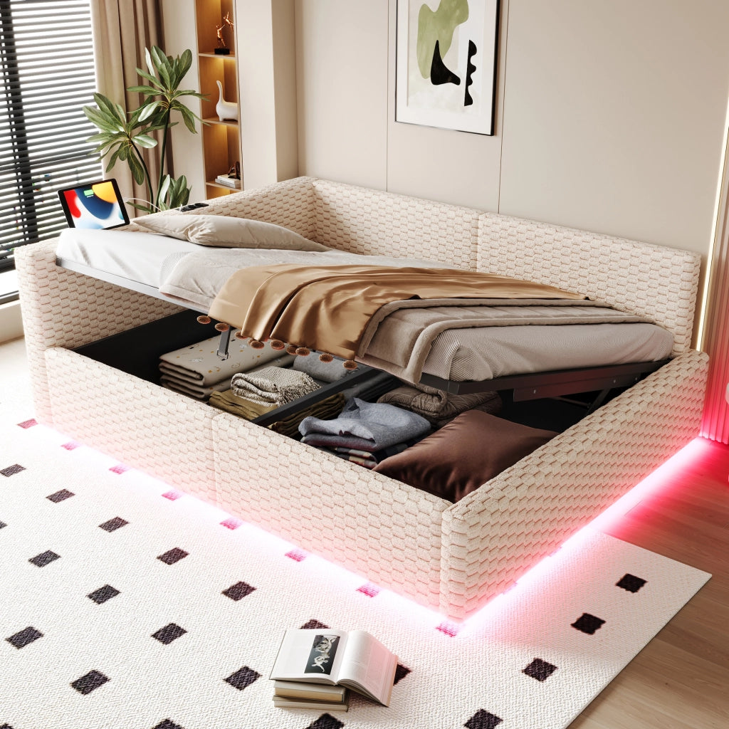 Letto imbottito 140x200 cm con vano contenitore; LED; USB e Type-C; velluto beige