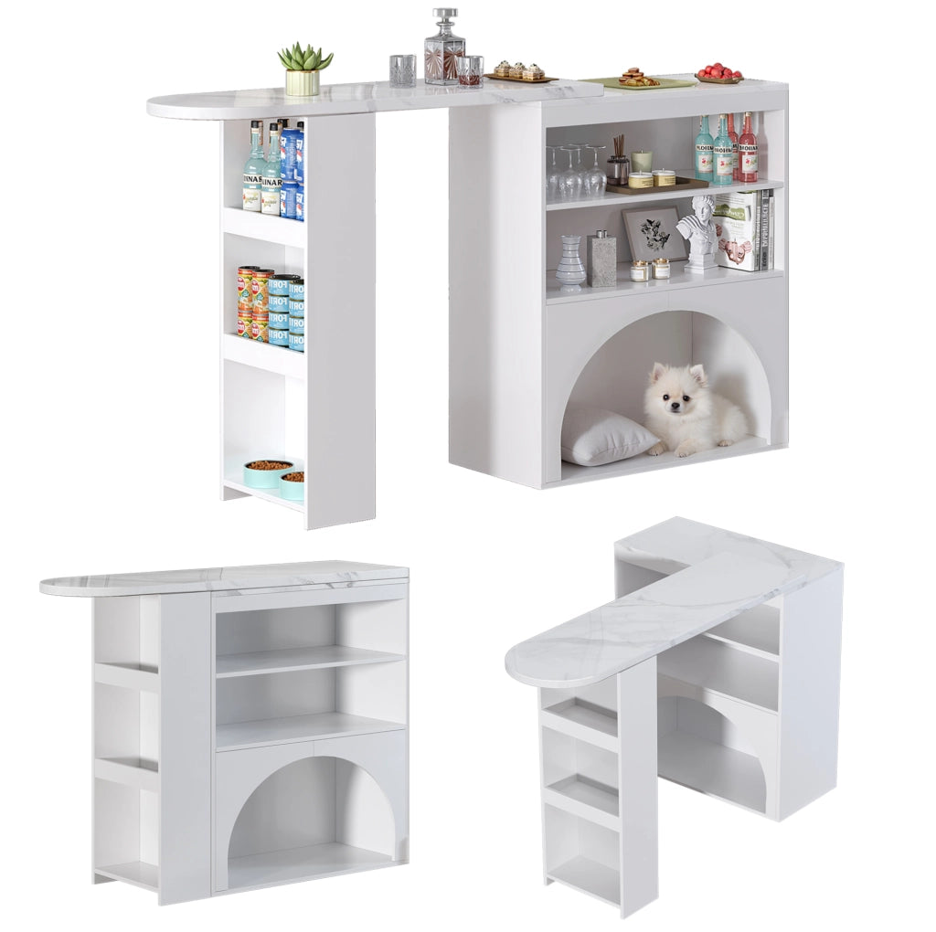 Tavolo alto estensibile ULEVR 120(+80)x40x100 cm con piano girevole, 2 ripiani aperti e vano per animali, bianco effetto marmo