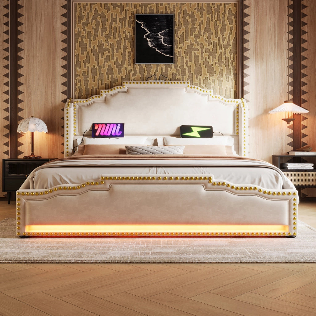 Letto Contenitore Matrimoniale Imbottito 140x200 cm con LED; USB; USB-C; Cassetti; Beige
