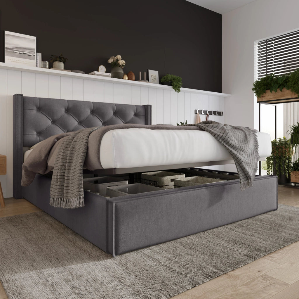 Letto 160x200 cm con contenitore e sollevamento idraulico in cotone grigio
