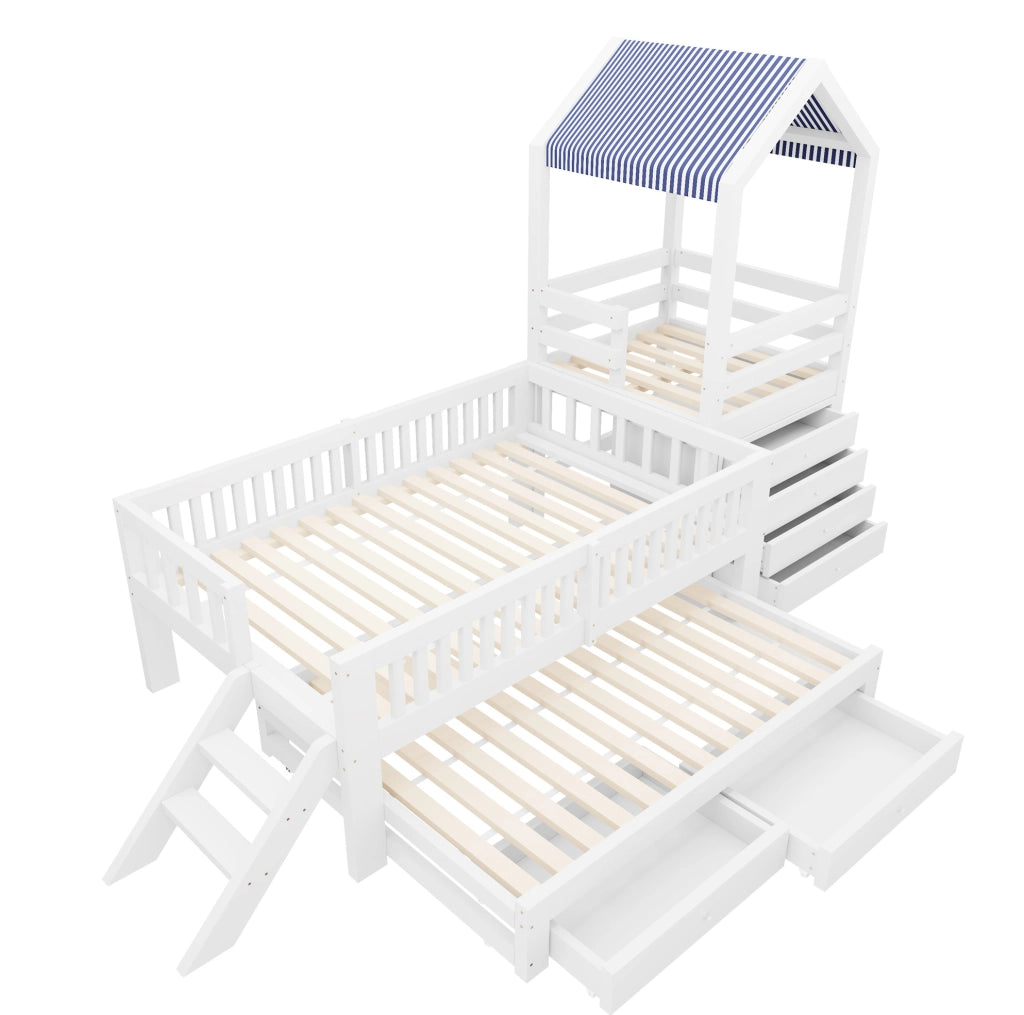 Letto per bambini a soppalco 90x200 cm con lettino estraibile 90x190 cm, struttura in legno massello bianco con scaletta laterale e cassettiera a 4 cassetti